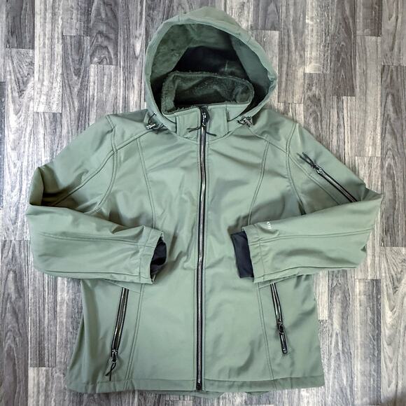Free Country Softshell Hooded Jacket Green XL Sherpa Lined Full Zip Pockets - Picture 1 of 5